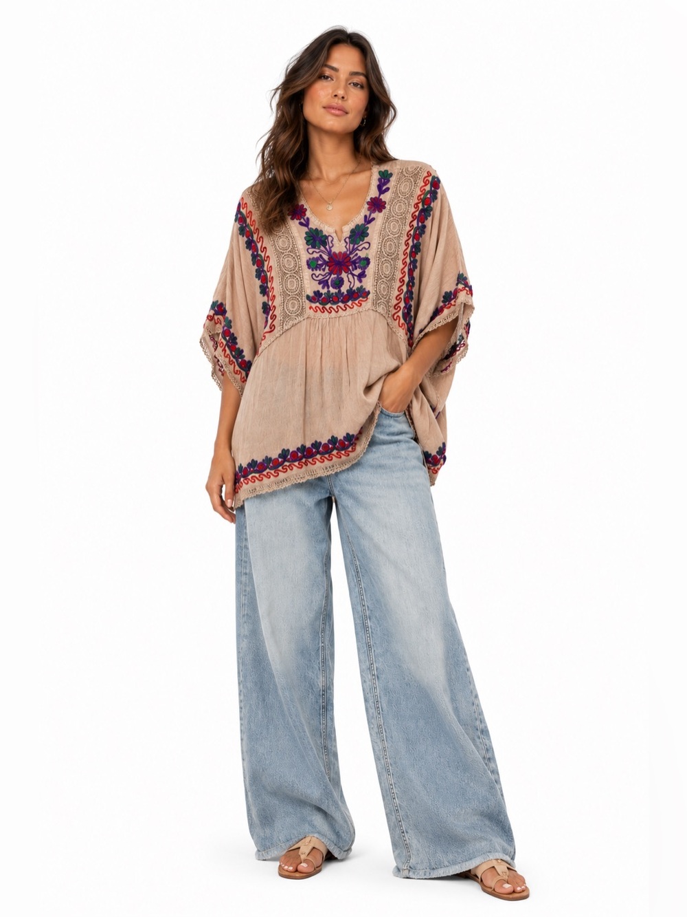 Shoreline Embroidered Boho Tunic One Size Beige Rayon Caftan Festival Beach Top
